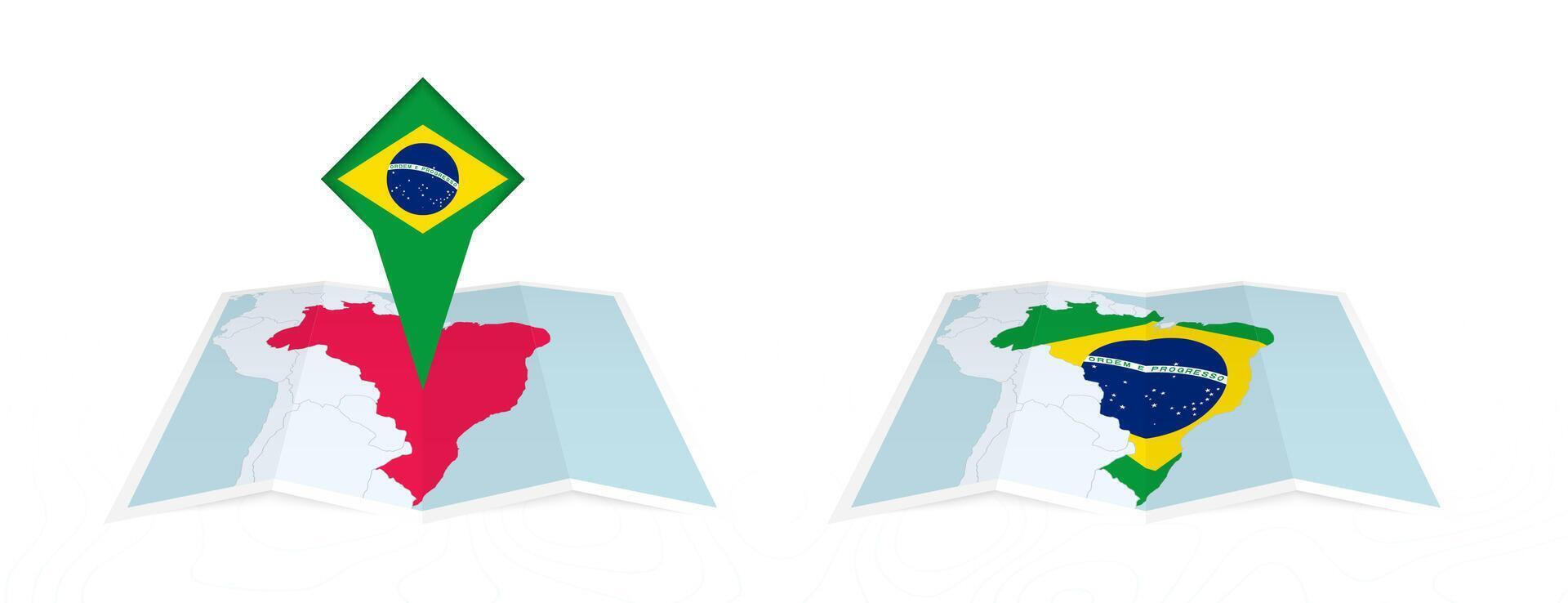 Two versions of an Brazil folded map, one with a pinned country flag and one with a flag in the map contour. Template for both print and online design. vector