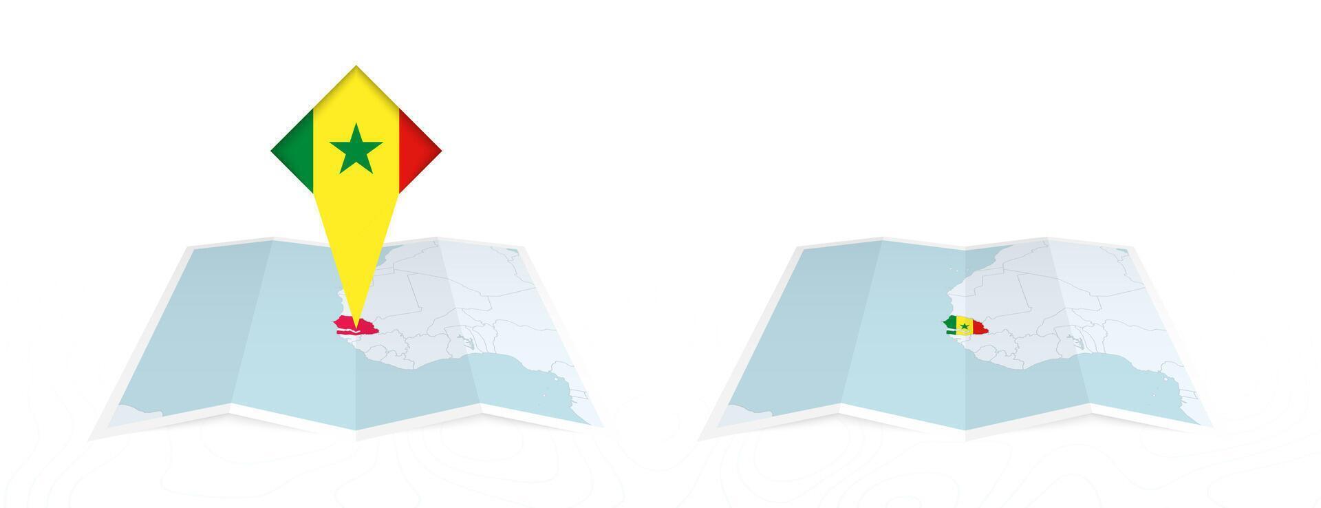 Two versions of an Senegal folded map, one with a pinned country flag and one with a flag in the map contour. Template for both print and online design. vector