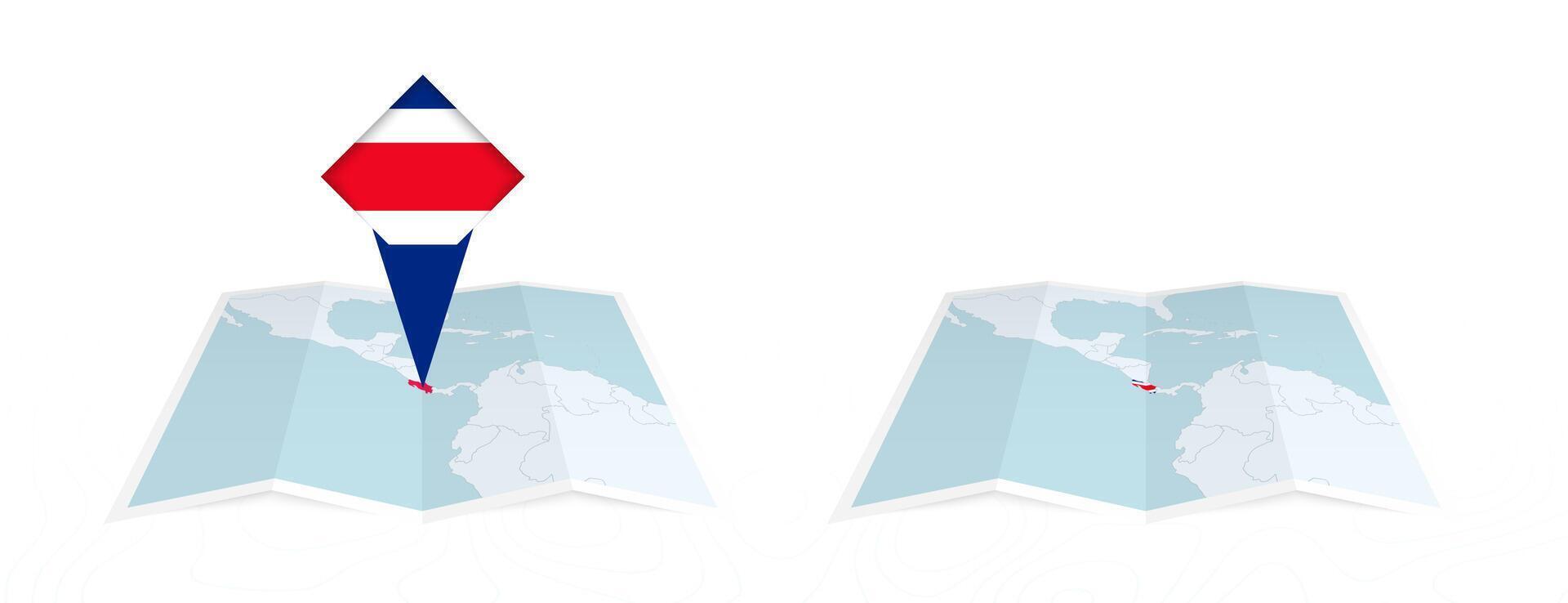 Two versions of an Costa Rica folded map, one with a pinned country flag and one with a flag in the map contour. Template for both print and online design. vector