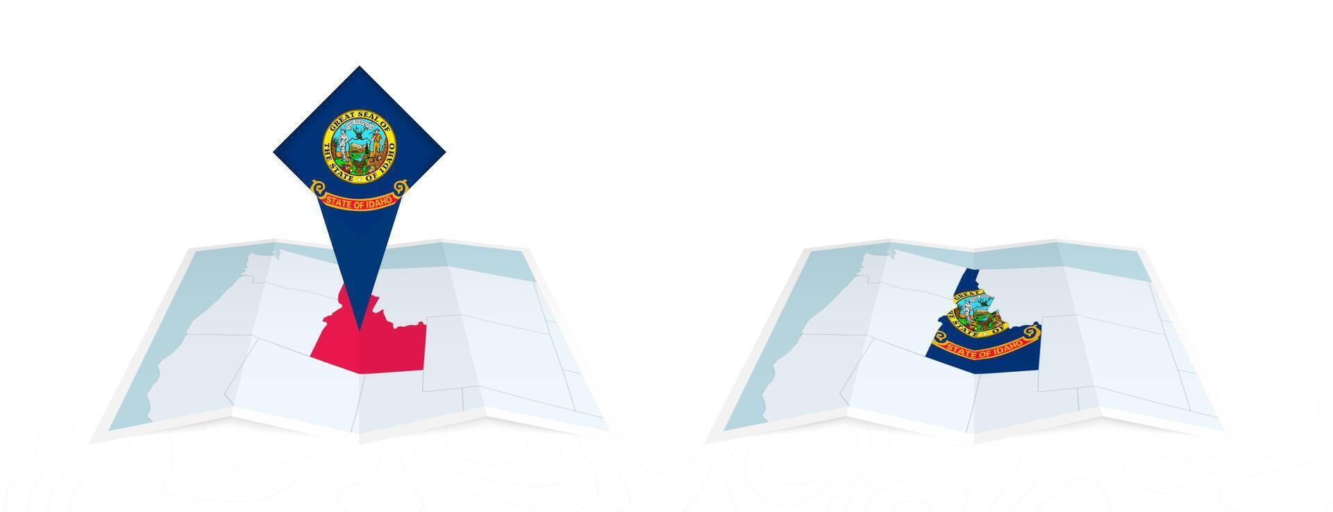 Two versions of an Idaho folded map, one with a pinned country flag and one with a flag in the map contour. Template for both print and online design. vector