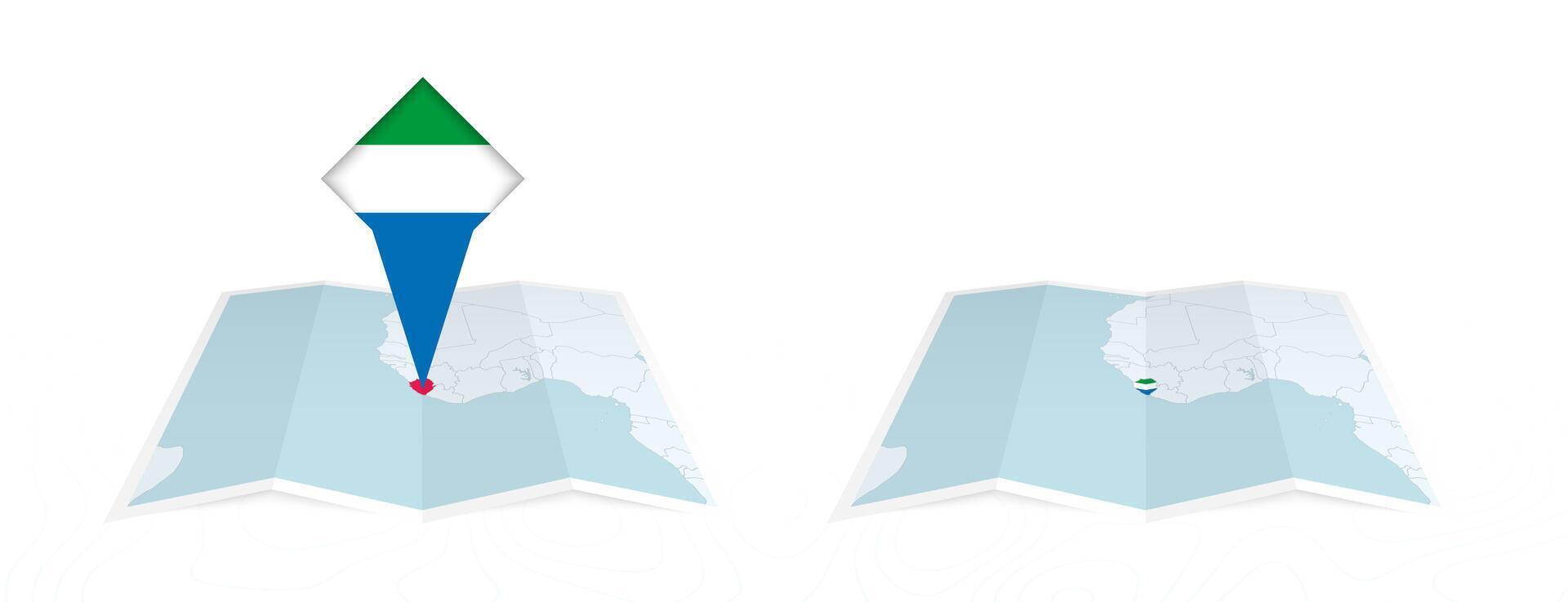 Two versions of an Sierra Leone folded map, one with a pinned country flag and one with a flag in the map contour. Template for both print and online design. vector