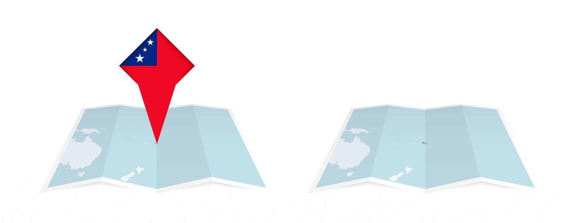 Two versions of an Samoa folded map, one with a pinned country flag and one with a flag in the map contour. Template for both print and online design. vector