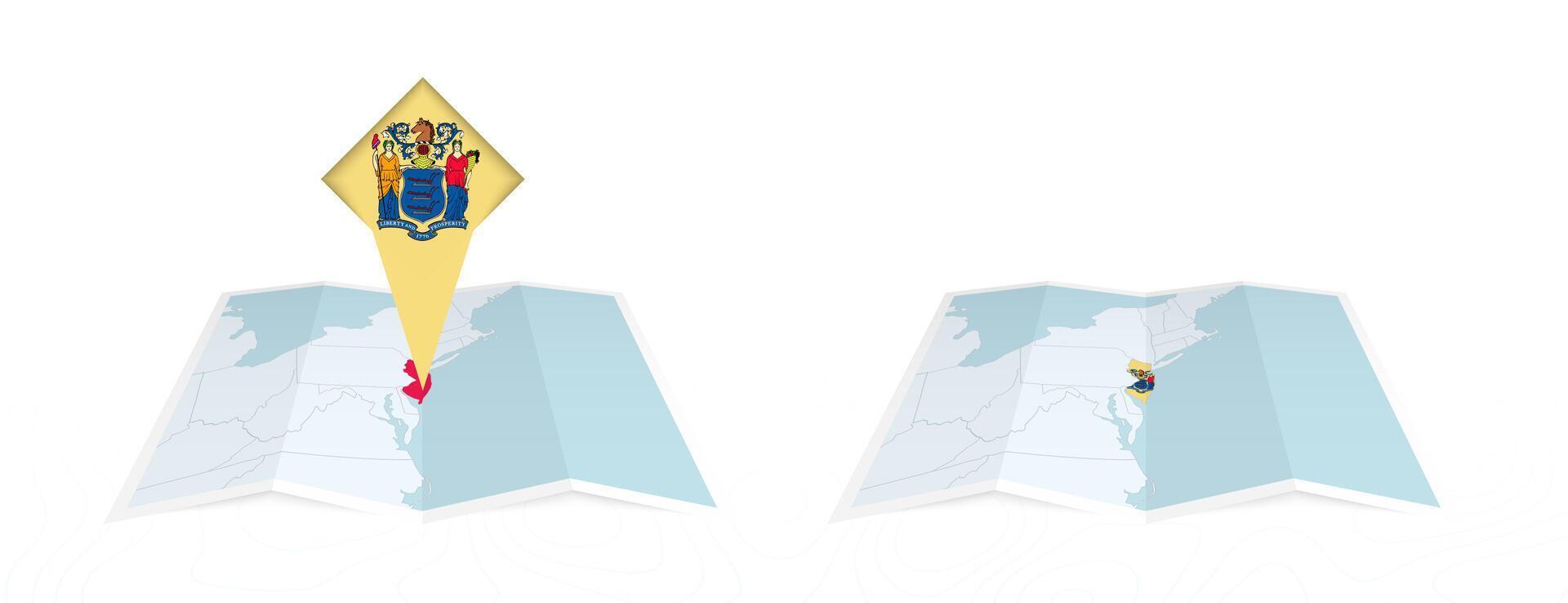Two versions of an New Jersey folded map, one with a pinned country flag and one with a flag in the map contour. Template for both print and online design. vector