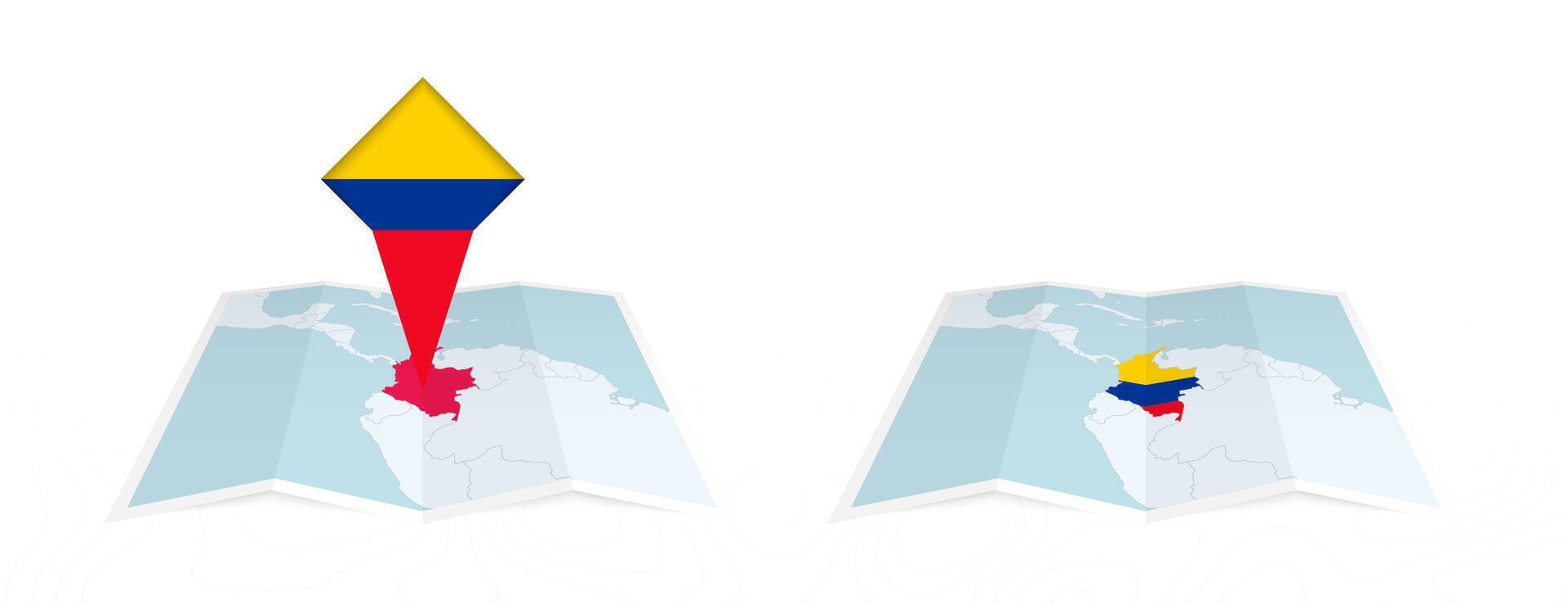 Two versions of an Colombia folded map, one with a pinned country flag and one with a flag in the map contour. Template for both print and online design. vector