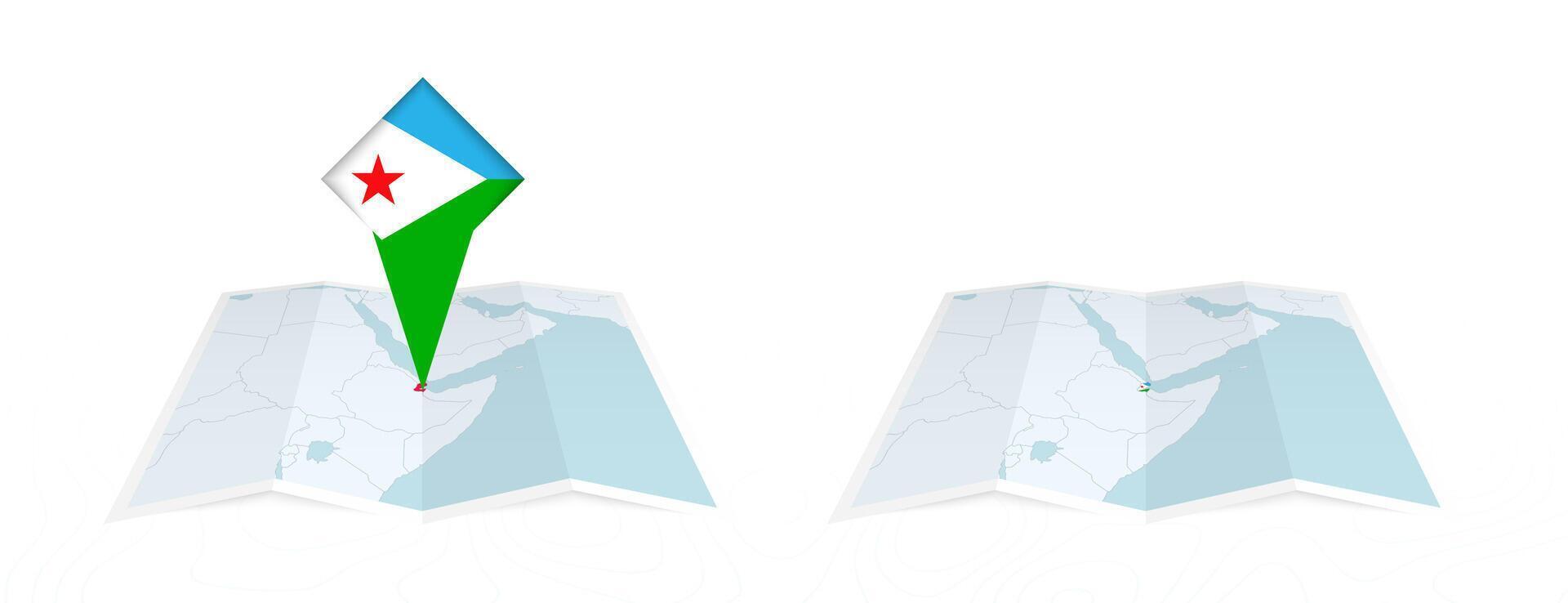 Two versions of an Djibouti folded map, one with a pinned country flag and one with a flag in the map contour. Template for both print and online design. vector