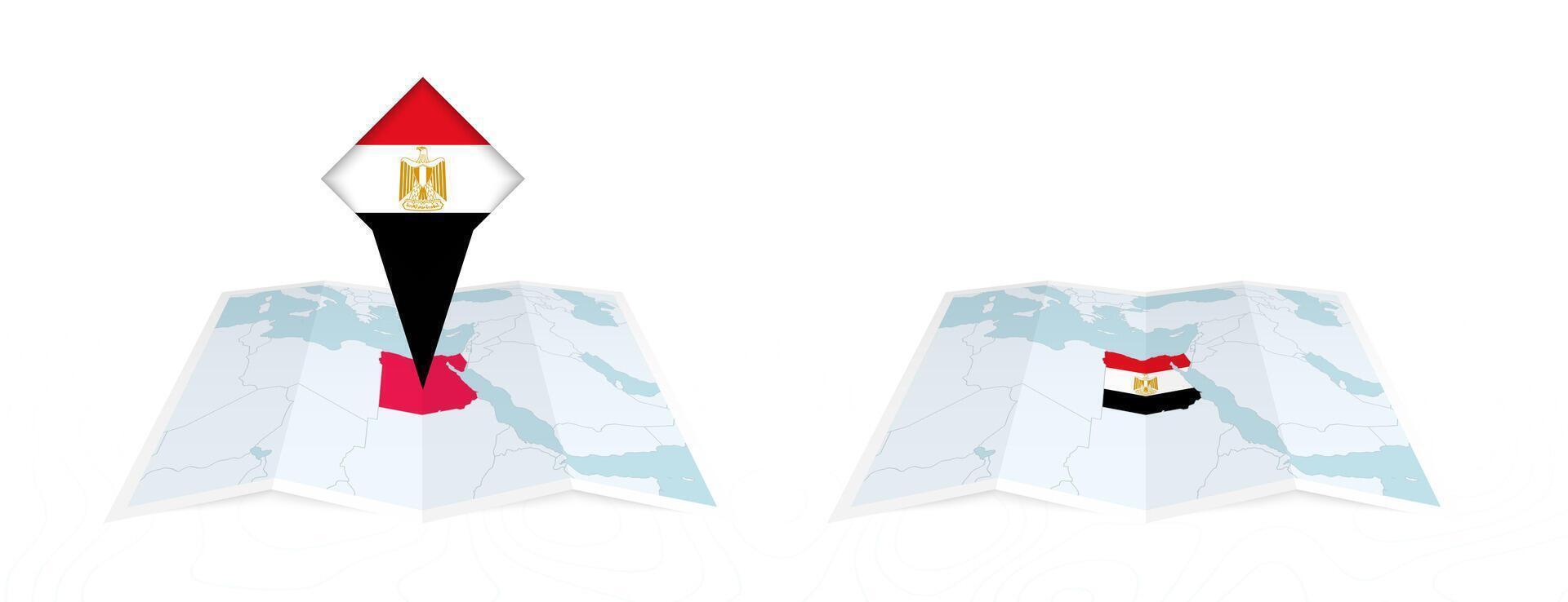 Two versions of an Egypt folded map, one with a pinned country flag and one with a flag in the map contour. Template for both print and online design. vector