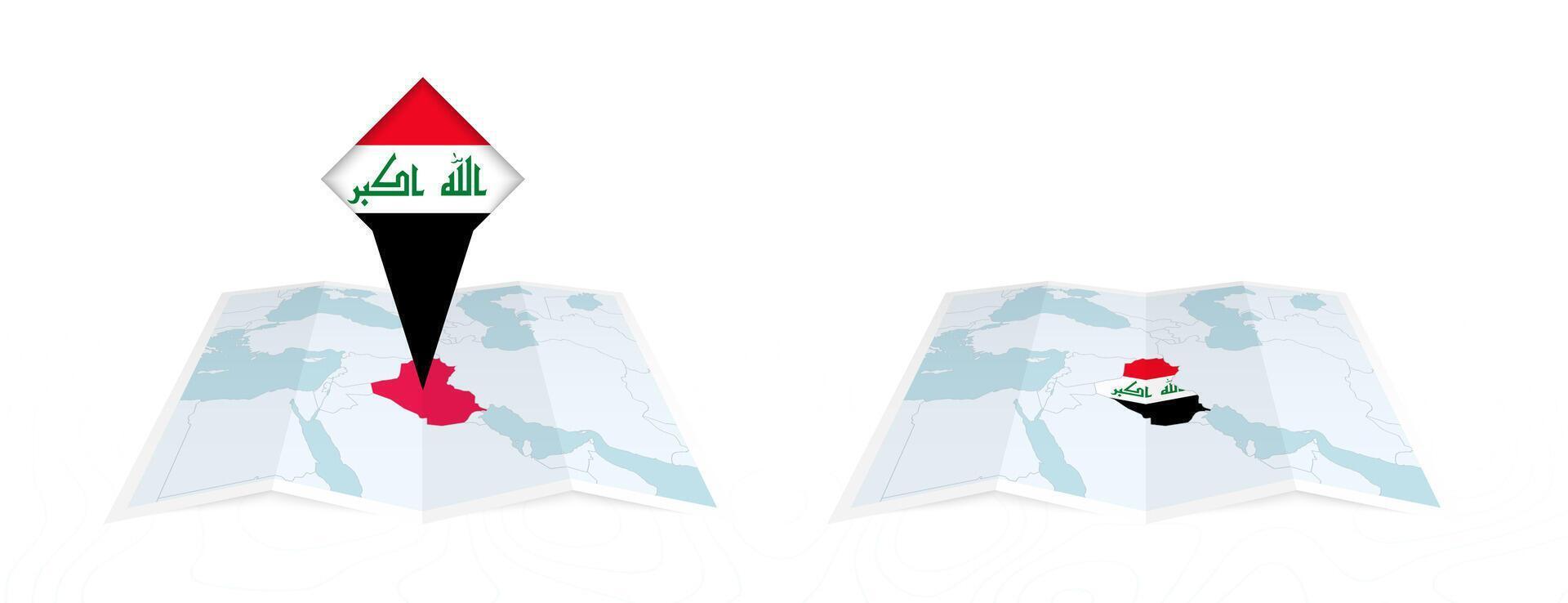 Two versions of an Iraq folded map, one with a pinned country flag and one with a flag in the map contour. Template for both print and online design. vector