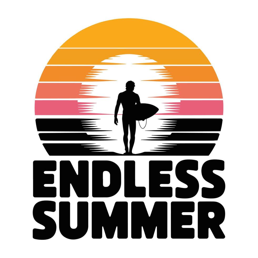 Endless Summer T Shirt Design Surfer Silhouette with Retro Sunset vector