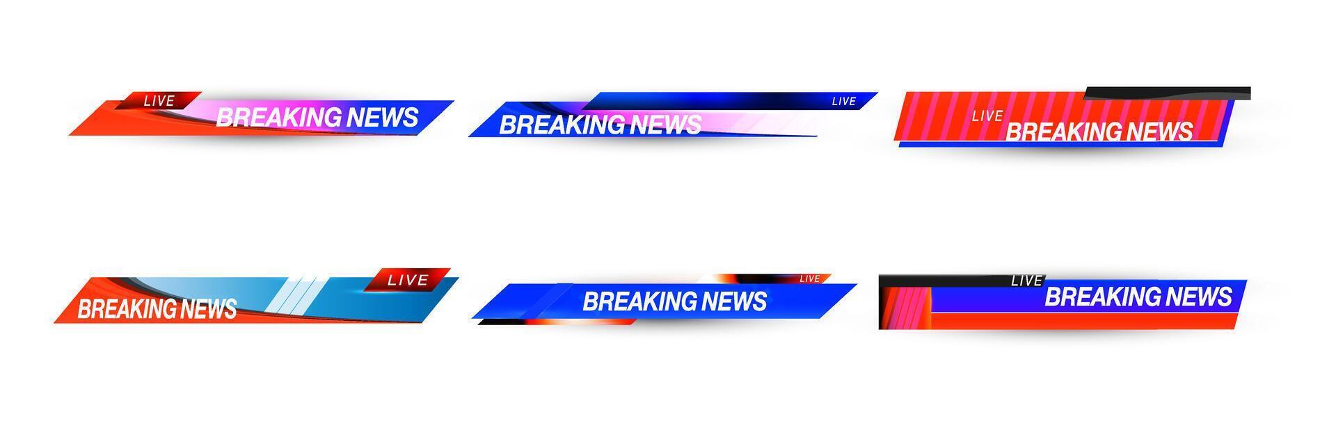 Visually engaging news banner designs for live breaking news reports featuring vibrant colors and dynamic layouts. vector