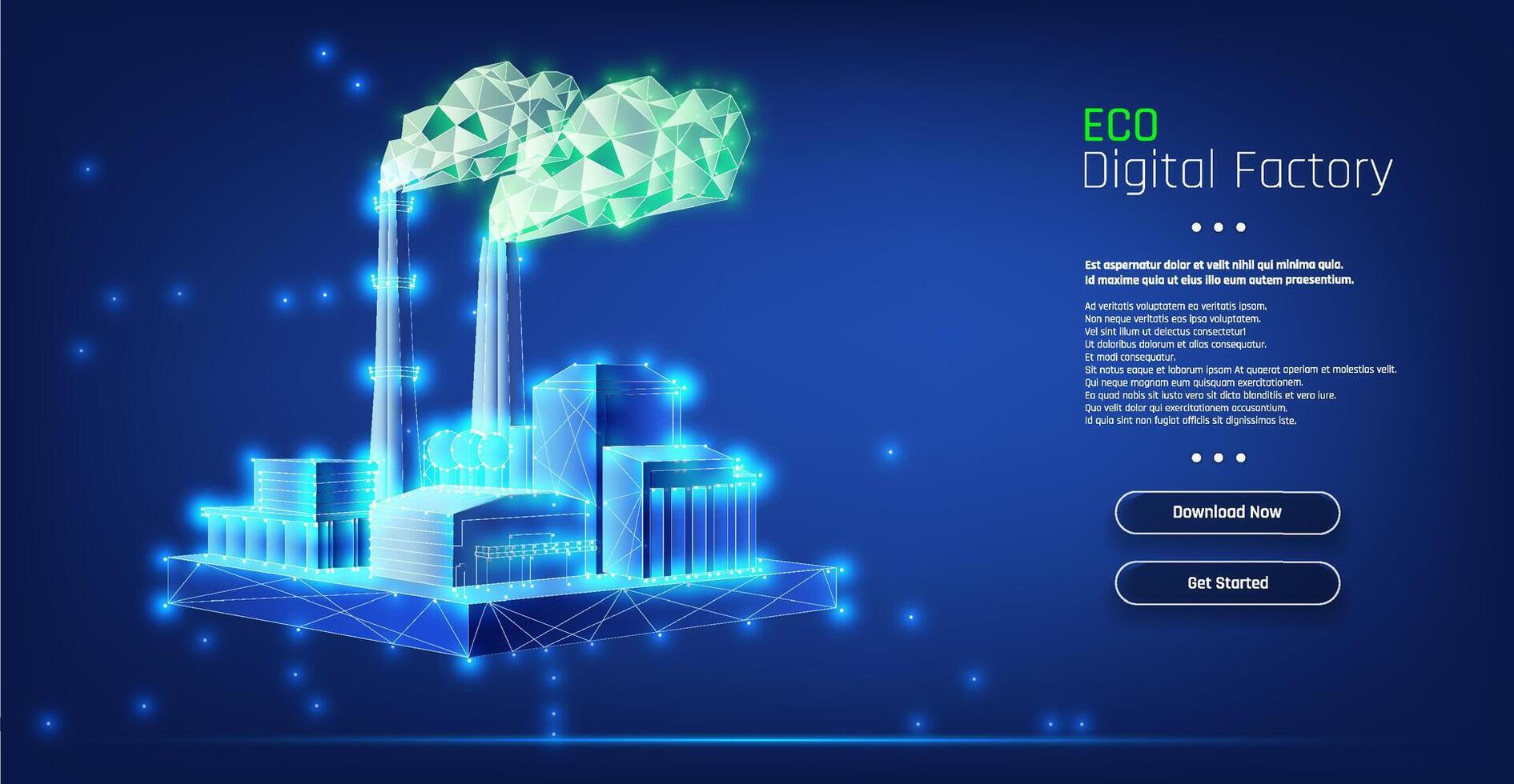 Digital factory showcasing eco-friendly technology and innovation in a virtual environment for sustainable development. vector