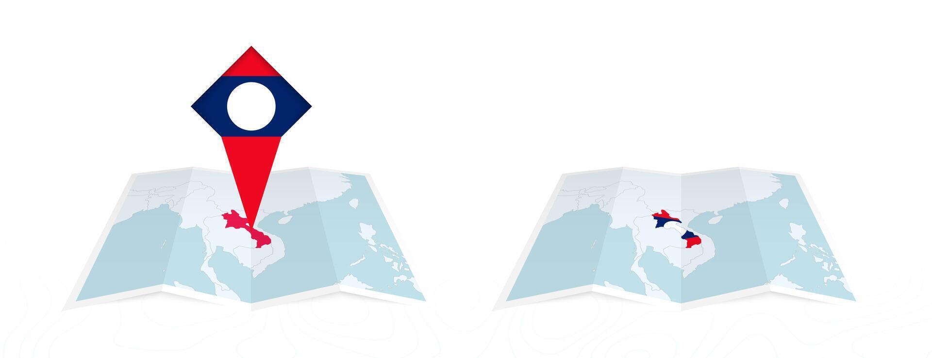 Two versions of an Laos folded map, one with a pinned country flag and one with a flag in the map contour. Template for both print and online design. vector