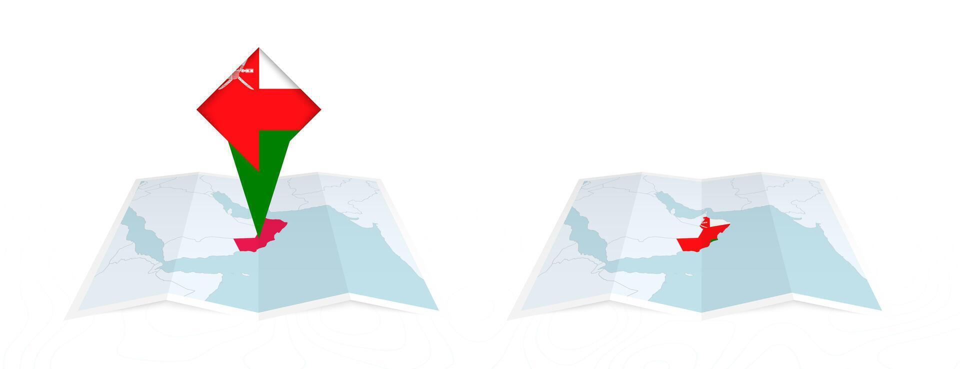 Two versions of an Oman folded map, one with a pinned country flag and one with a flag in the map contour. Template for both print and online design. vector