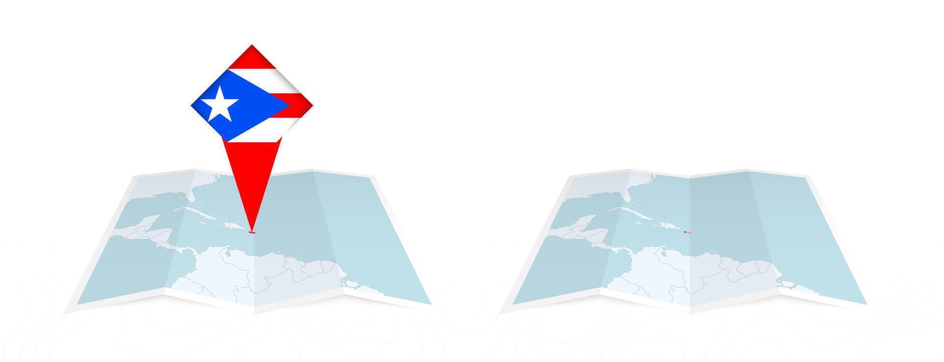 Two versions of an Puerto Rico folded map, one with a pinned country flag and one with a flag in the map contour. Template for both print and online design. vector