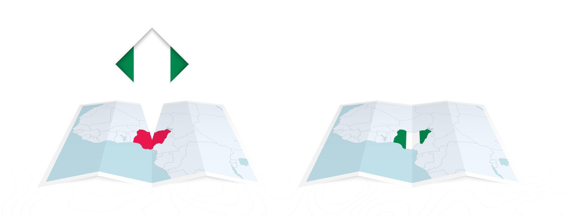 Two versions of an Nigeria folded map, one with a pinned country flag and one with a flag in the map contour. Template for both print and online design. vector