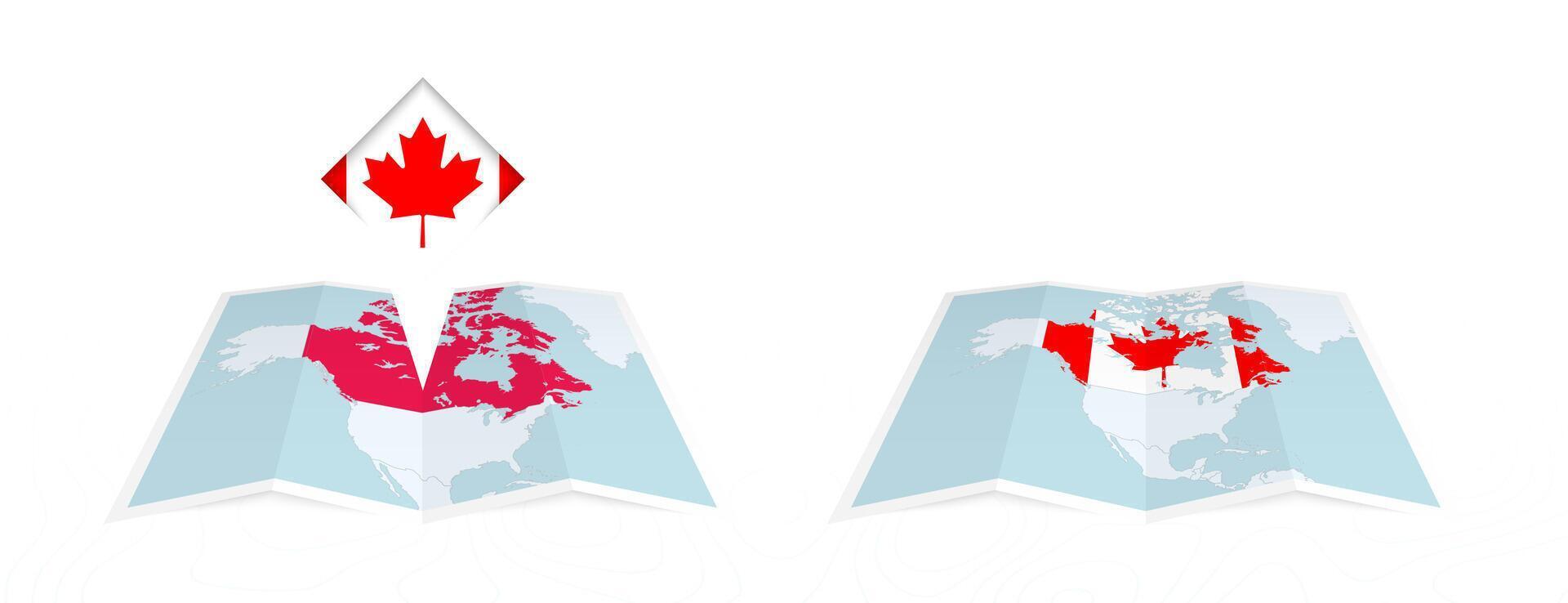 Two versions of an Canada folded map, one with a pinned country flag and one with a flag in the map contour. Template for both print and online design. vector