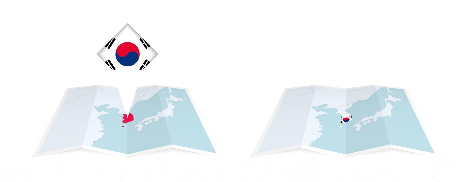 Two versions of an South Korea folded map, one with a pinned country flag and one with a flag in the map contour. Template for both print and online design. vector