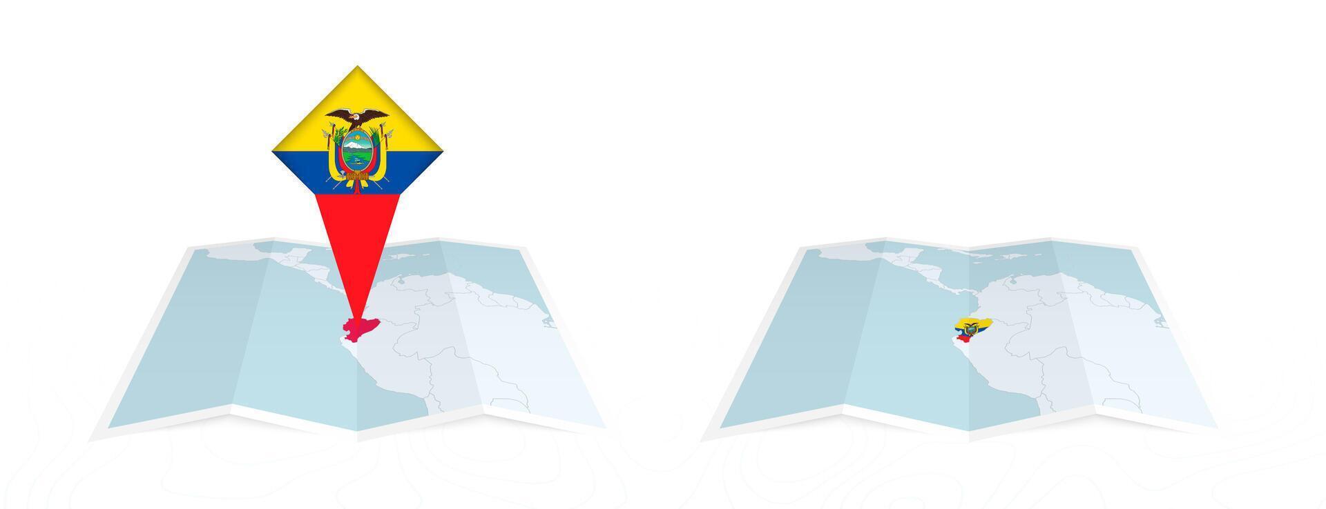 Two versions of an Ecuador folded map, one with a pinned country flag and one with a flag in the map contour. Template for both print and online design. vector