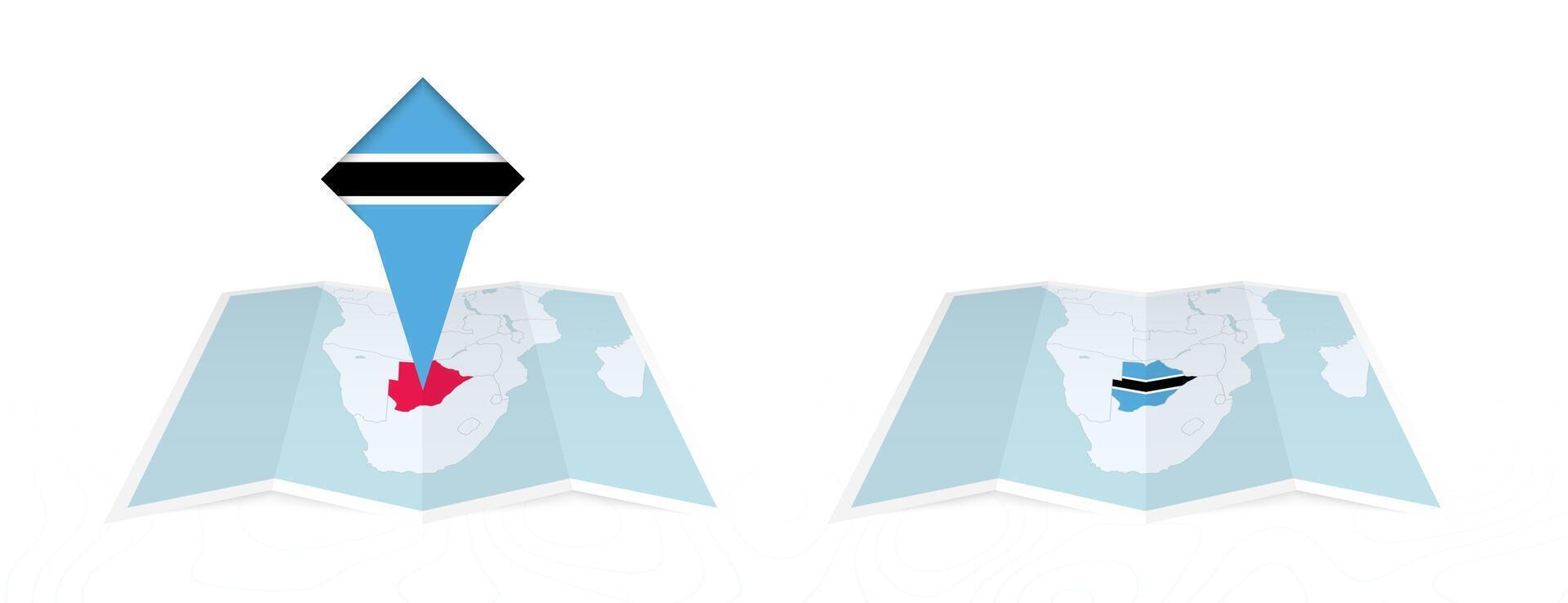Two versions of an Botswana folded map, one with a pinned country flag and one with a flag in the map contour. Template for both print and online design. vector
