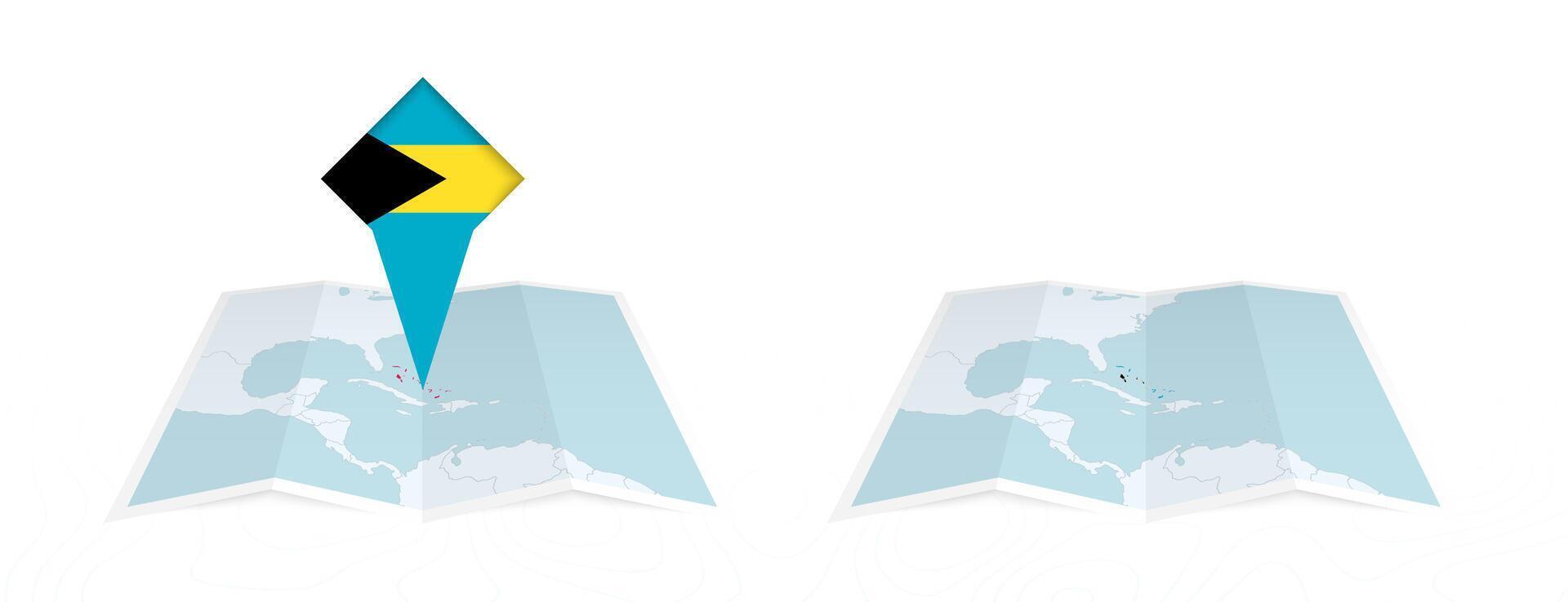 Two versions of an The Bahamas folded map, one with a pinned country flag and one with a flag in the map contour. Template for both print and online design. vector