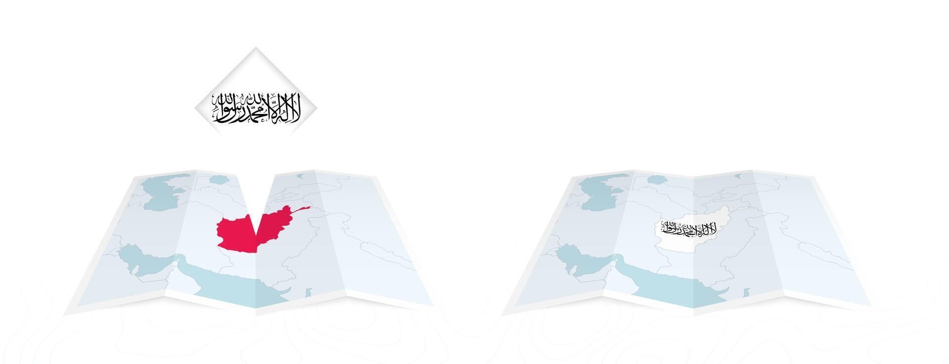 Two versions of an Afghanistan folded map, one with a pinned country flag and one with a flag in the map contour. Template for both print and online design. vector