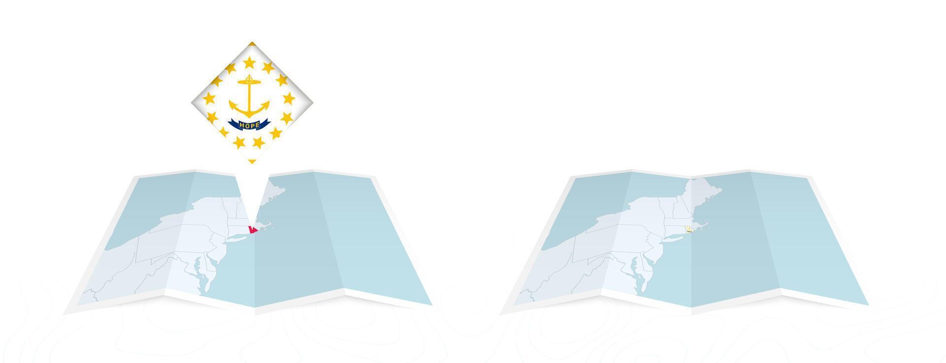 Two versions of an Rhode Island folded map, one with a pinned country flag and one with a flag in the map contour. Template for both print and online design. vector