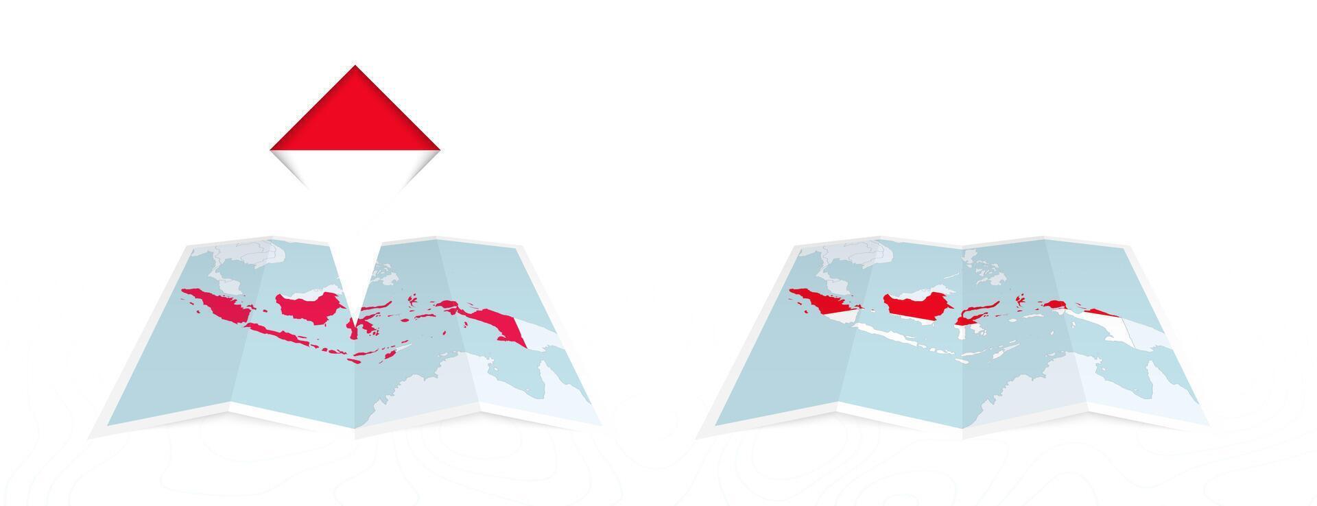 Two versions of an Indonesia folded map, one with a pinned country flag and one with a flag in the map contour. Template for both print and online design. vector