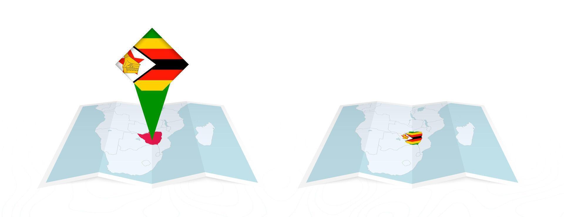 Two versions of an Zimbabwe folded map, one with a pinned country flag and one with a flag in the map contour. Template for both print and online design. vector