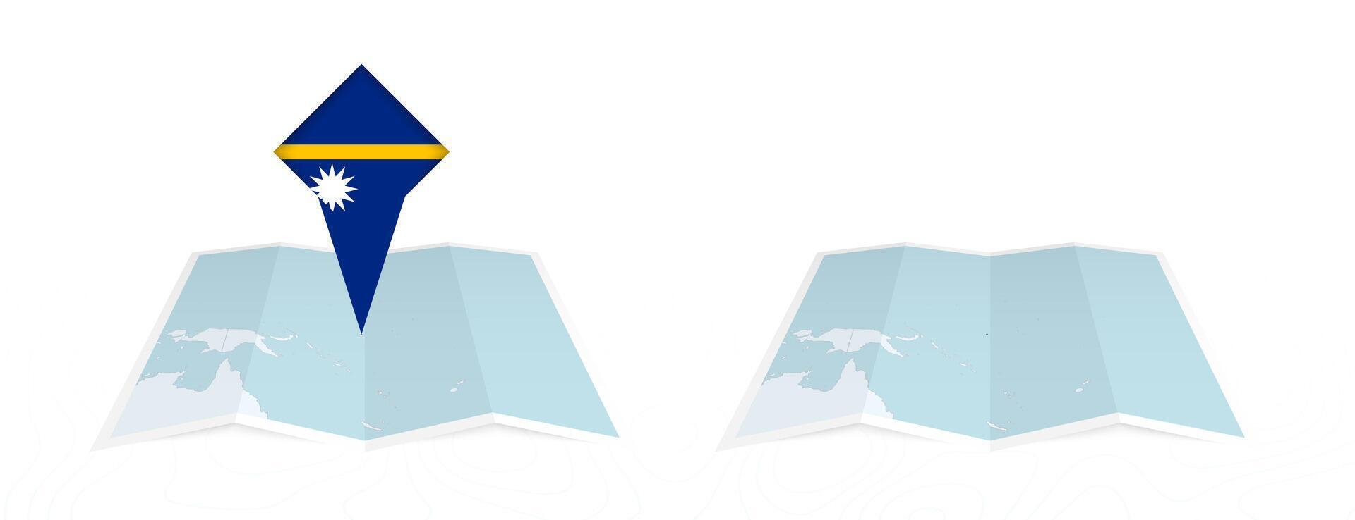 Two versions of an Nauru folded map, one with a pinned country flag and one with a flag in the map contour. Template for both print and online design. vector