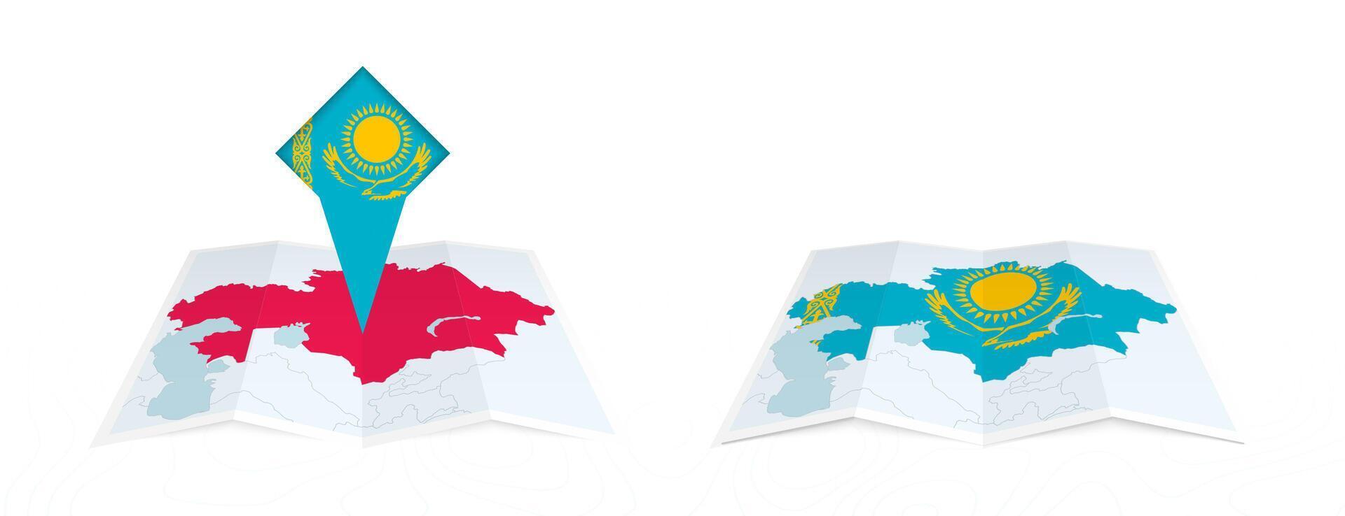 Two versions of an Kazakhstan folded map, one with a pinned country flag and one with a flag in the map contour. Template for both print and online design. vector