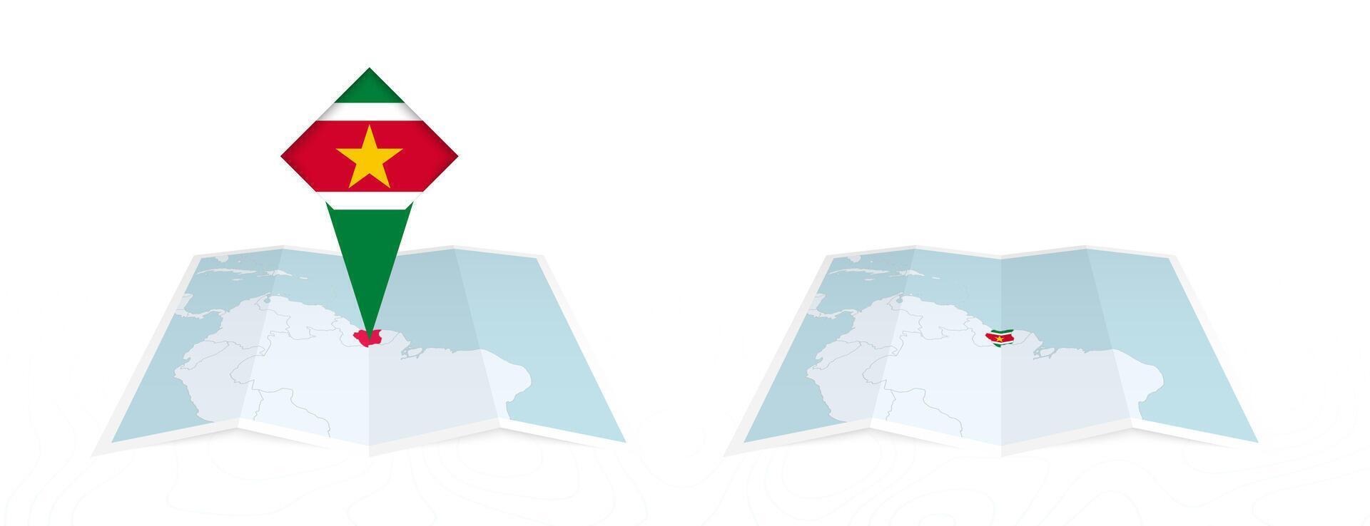 Two versions of an Suriname folded map, one with a pinned country flag and one with a flag in the map contour. Template for both print and online design. vector