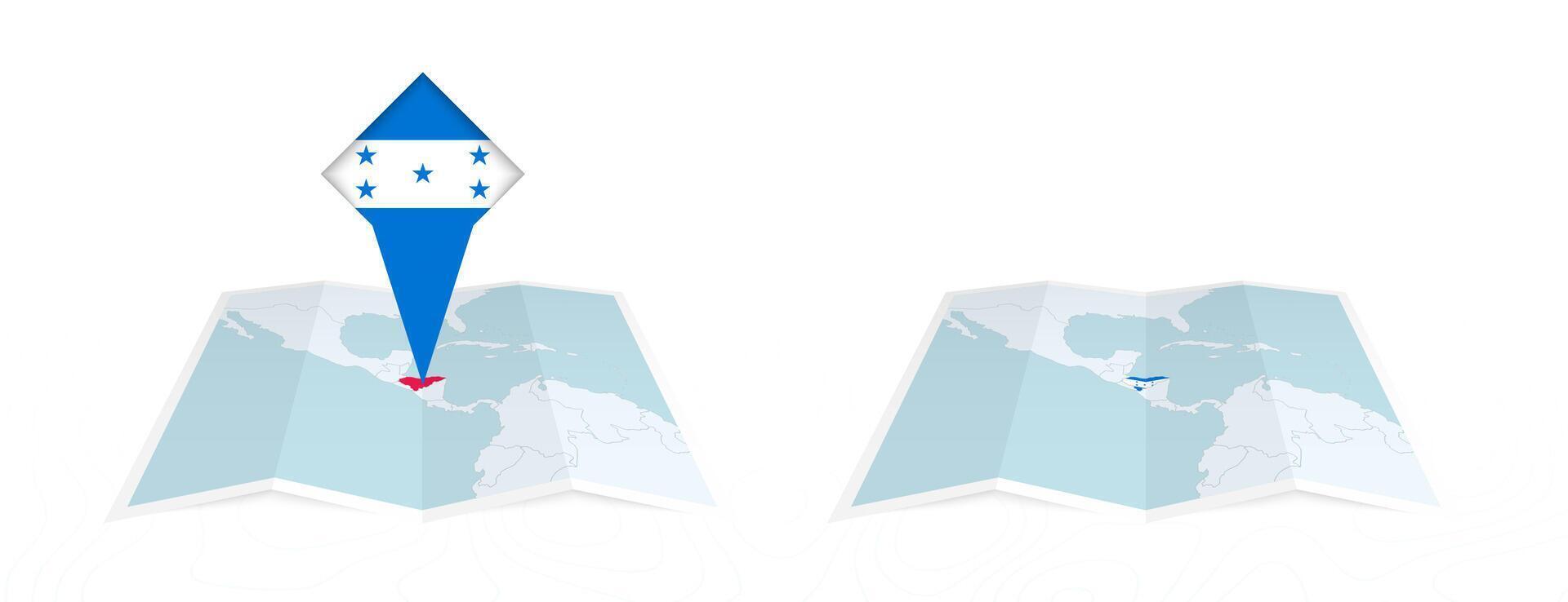 Two versions of an Honduras folded map, one with a pinned country flag and one with a flag in the map contour. Template for both print and online design. vector