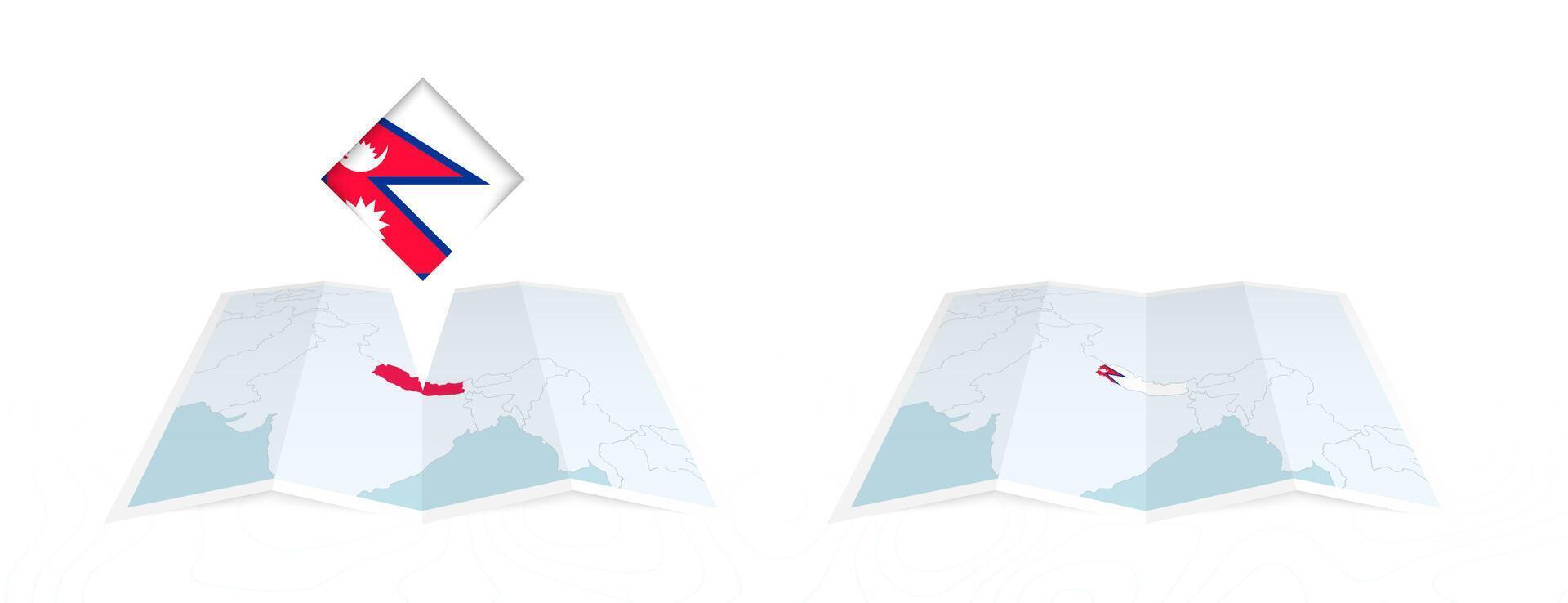 Two versions of an Nepal folded map, one with a pinned country flag and one with a flag in the map contour. Template for both print and online design. vector