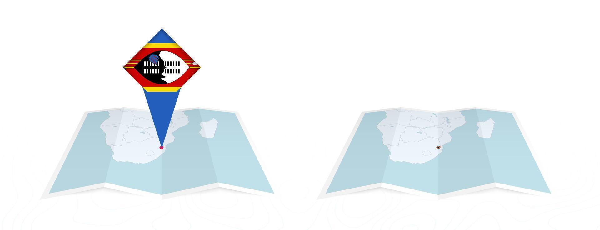 Two versions of an Swaziland folded map, one with a pinned country flag and one with a flag in the map contour. Template for both print and online design. vector