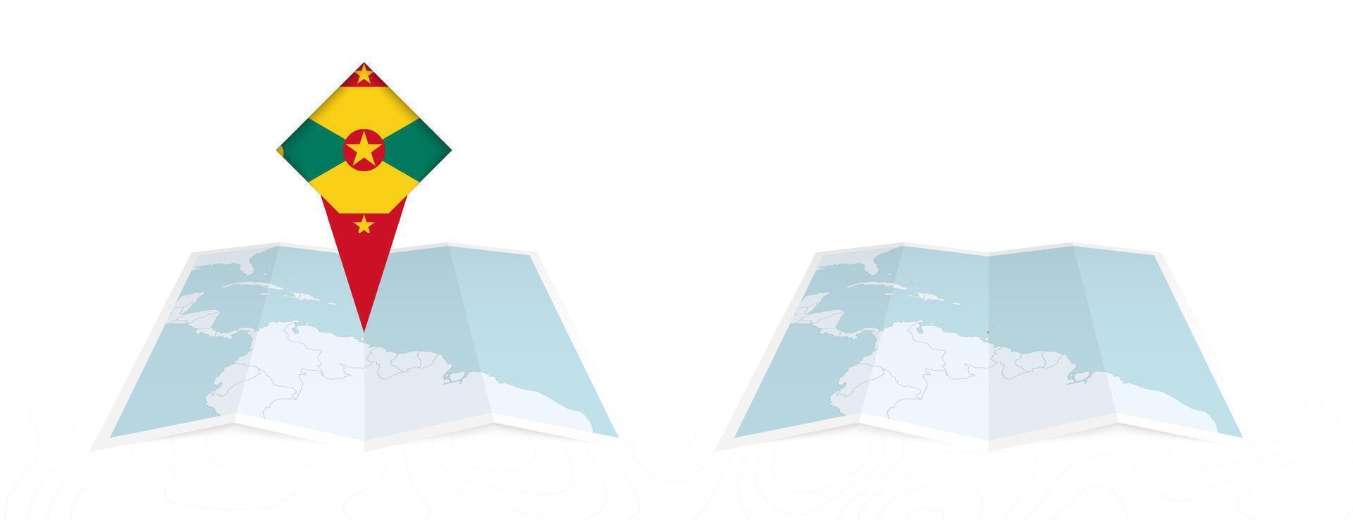 Two versions of an Grenada folded map, one with a pinned country flag and one with a flag in the map contour. Template for both print and online design. vector