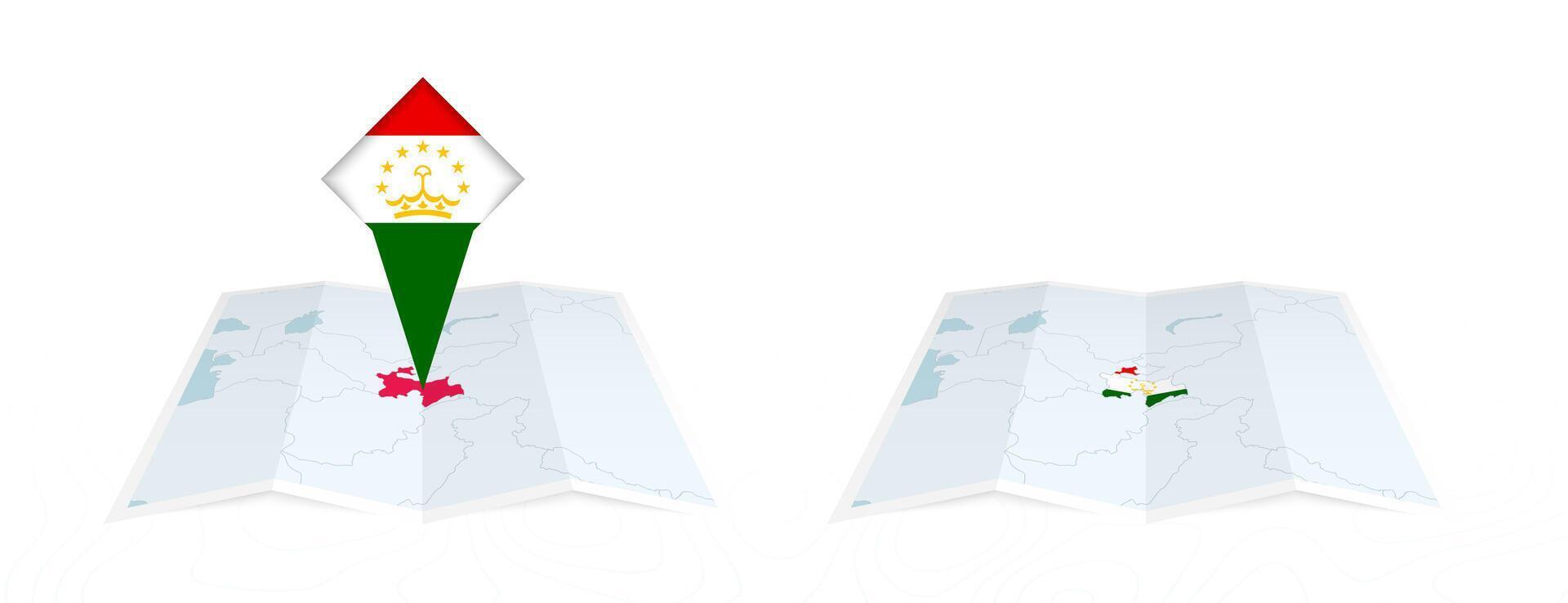 Two versions of an Tajikistan folded map, one with a pinned country flag and one with a flag in the map contour. Template for both print and online design. vector