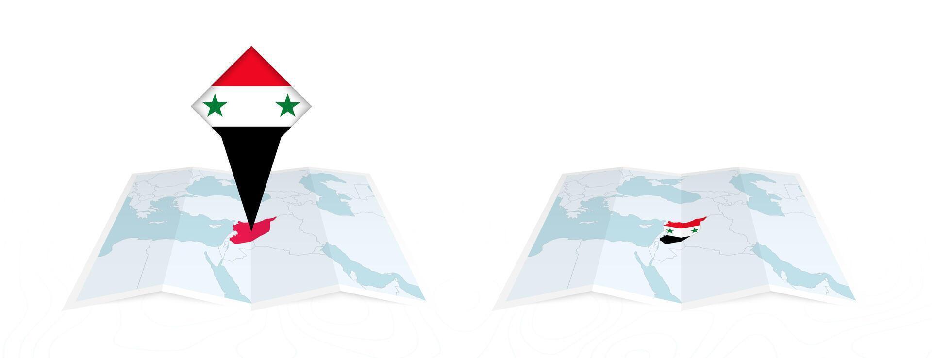 Two versions of an Syria folded map, one with a pinned country flag and one with a flag in the map contour. Template for both print and online design. vector