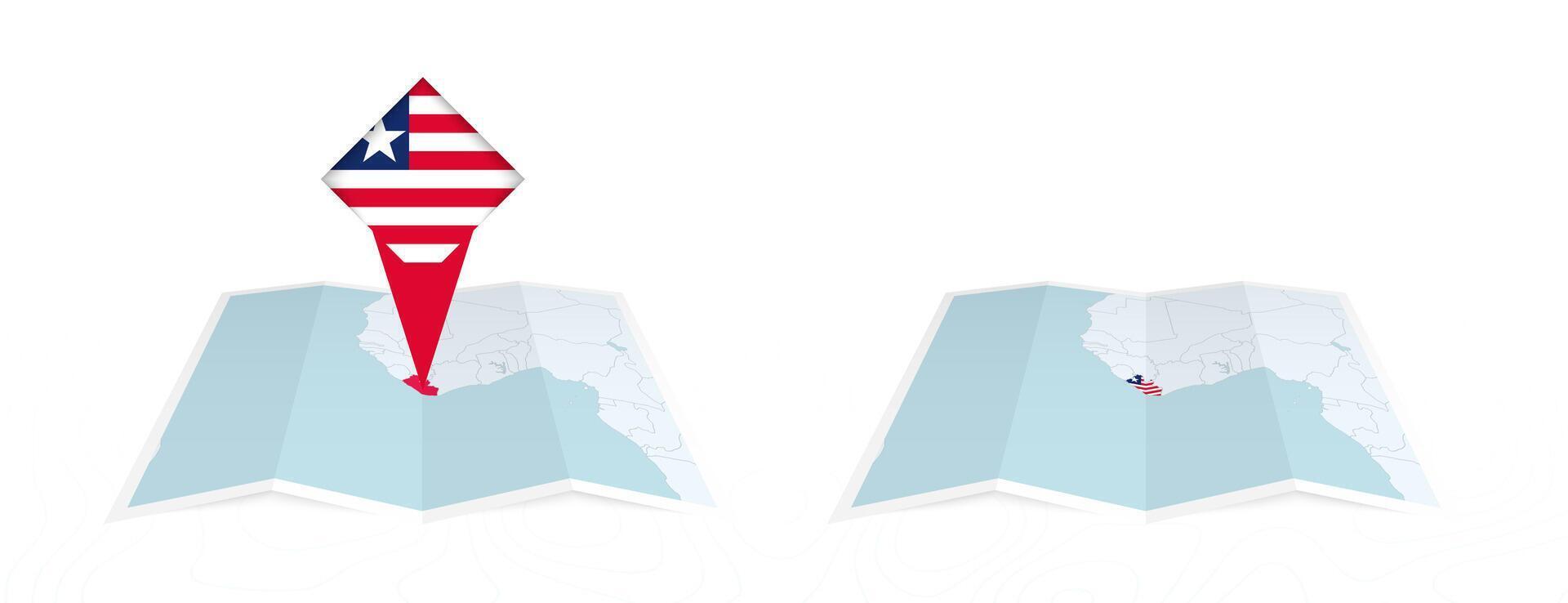 Two versions of an Liberia folded map, one with a pinned country flag and one with a flag in the map contour. Template for both print and online design. vector