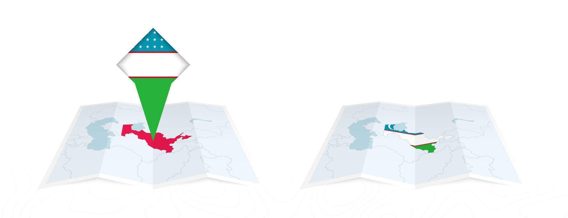 Two versions of an Uzbekistan folded map, one with a pinned country flag and one with a flag in the map contour. Template for both print and online design. vector
