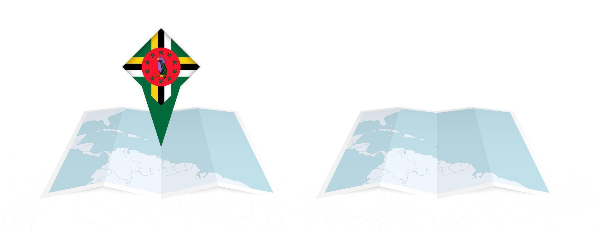 Two versions of an Dominica folded map, one with a pinned country flag and one with a flag in the map contour. Template for both print and online design. vector