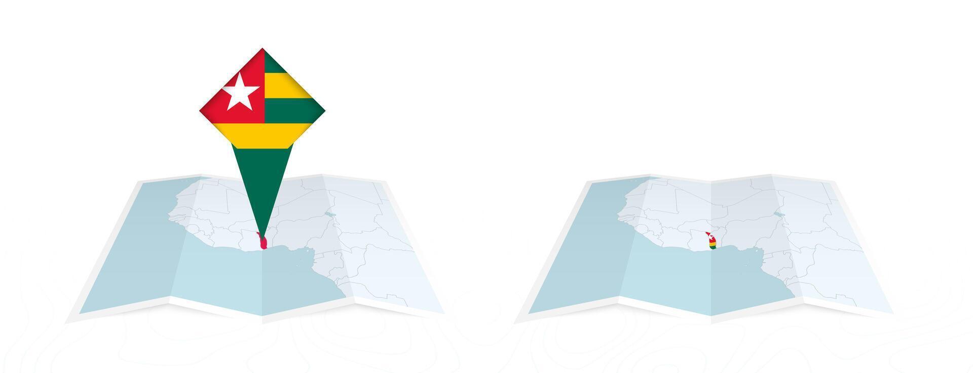 Two versions of an Togo folded map, one with a pinned country flag and one with a flag in the map contour. Template for both print and online design. vector