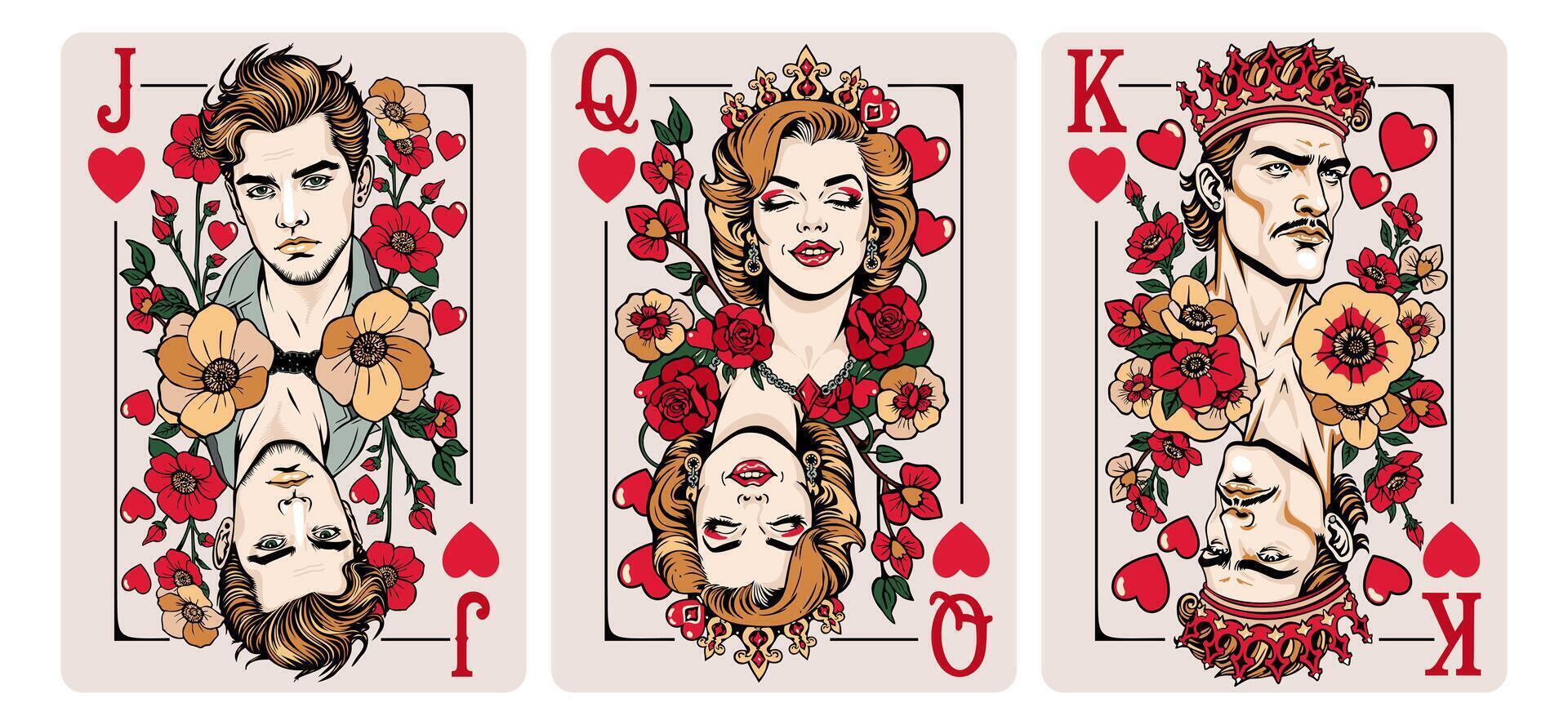 Jack of Hearts, Queen of Hearts, King of Hearts. Playing card set vector