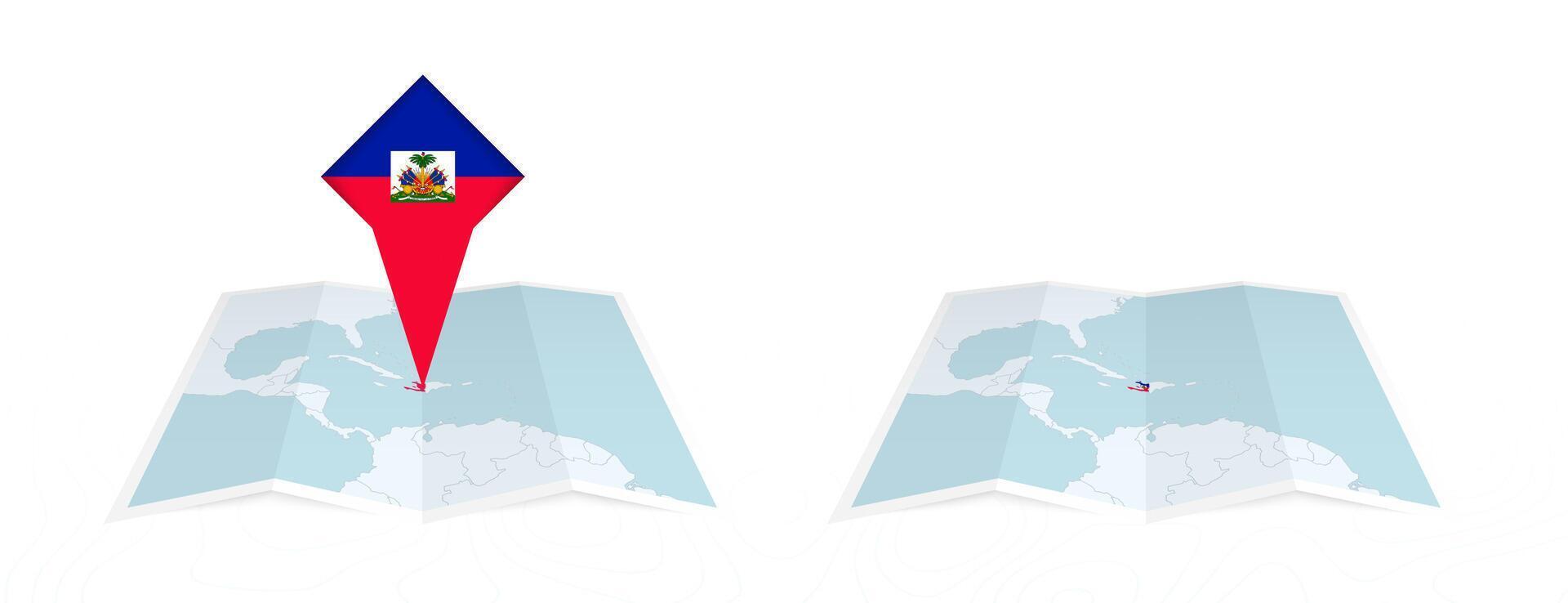 Two versions of an Haiti folded map, one with a pinned country flag and one with a flag in the map contour. Template for both print and online design. vector
