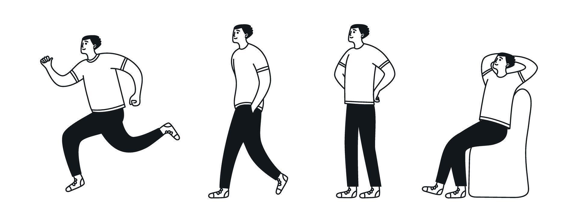 Male doodle character, change from rest to movement. Man sitting, standing, walking and running. Activity and relaxation. linear illustration vector