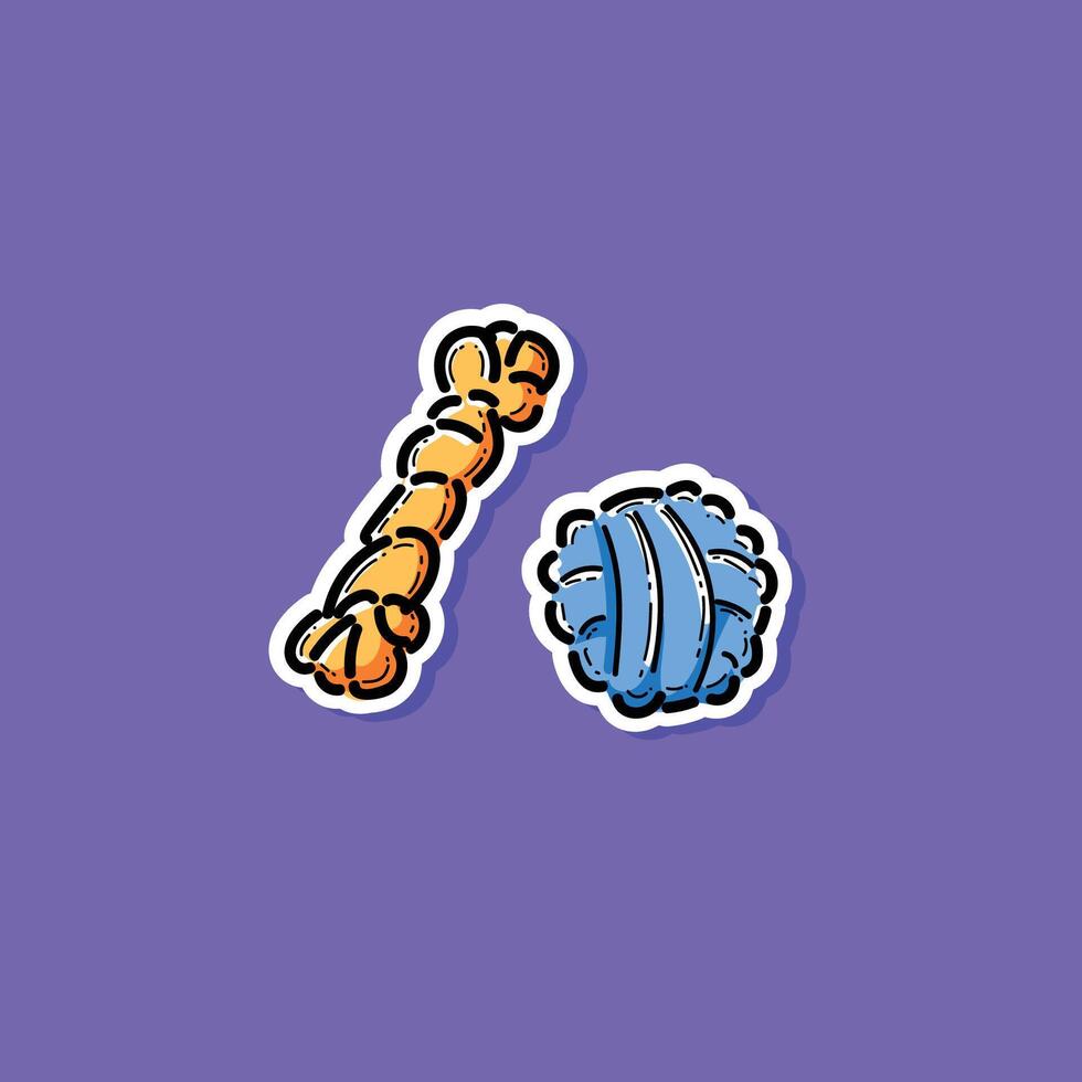 Illustration of a rope and ball toy for dogs and cats, styled as lively stickers on a vibrant purple background, representing fun and playfulness for pets. vector