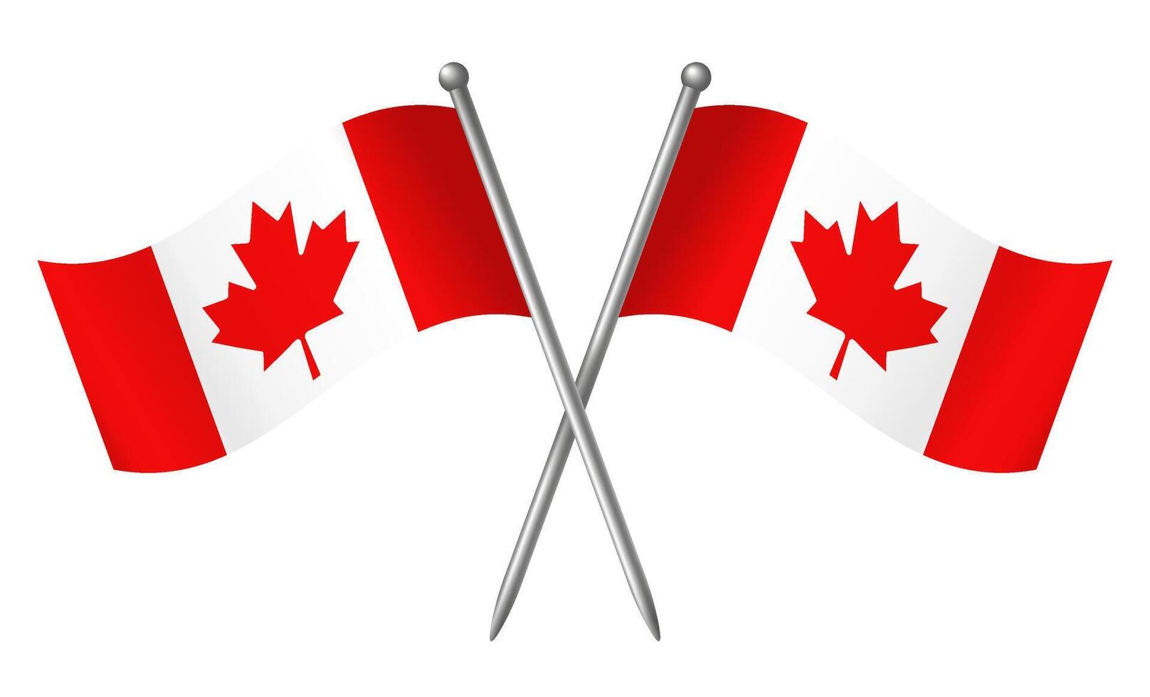 Two crossed Canadian flags with waving effect on silver poles isolated on a transparent background. Concept of Canada national pride, independence, and patriotism. Perfect for Canada Day. . vector