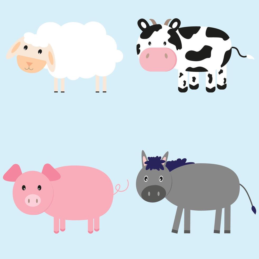 Set of pets. Cow, sheep, pig and donkey. Cute animals vector