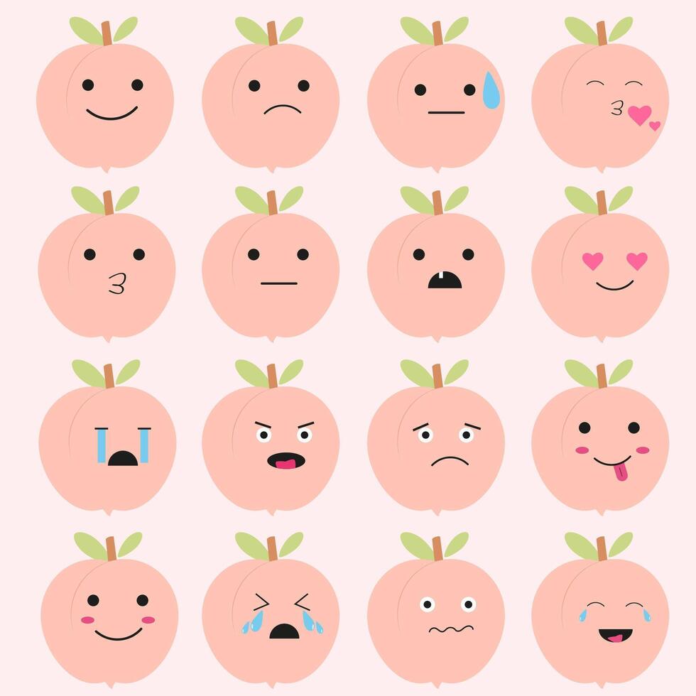 Set of peaches emoji. Peaches with emotions. Smilies in the form of peaches. graphics vector