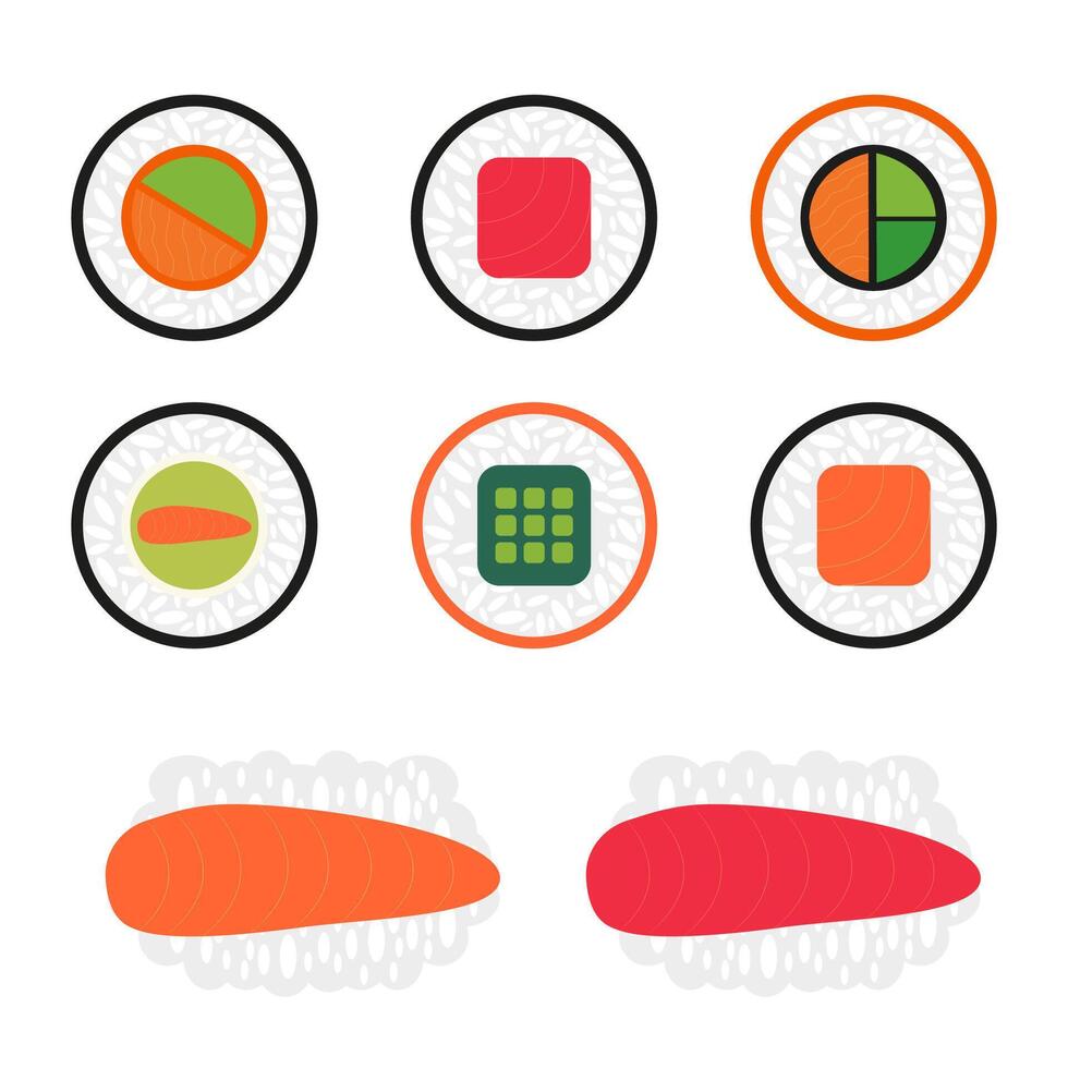Set of sushi roll. Sushi icons. Japanese food. vector