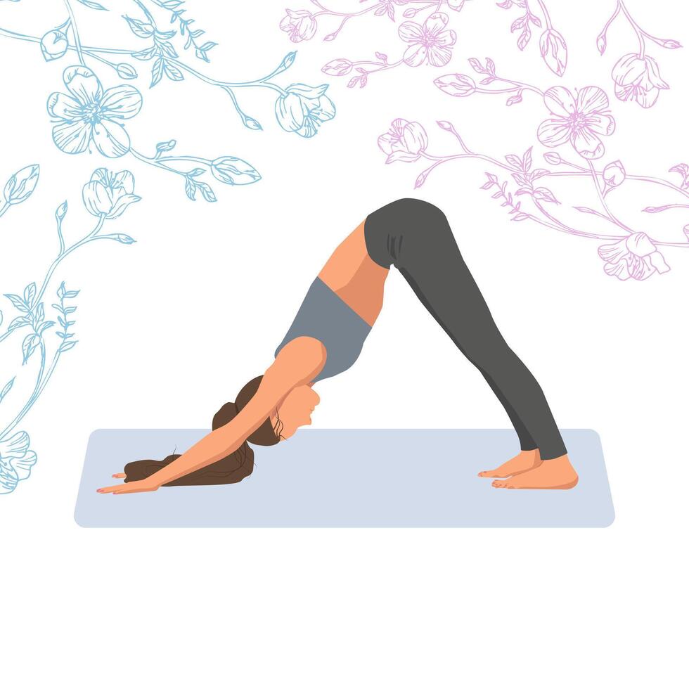 Woman faceless doing yoga exercises, practicing meditation in downward facing dog pose with sakura, cherry flowers, yoga day vector