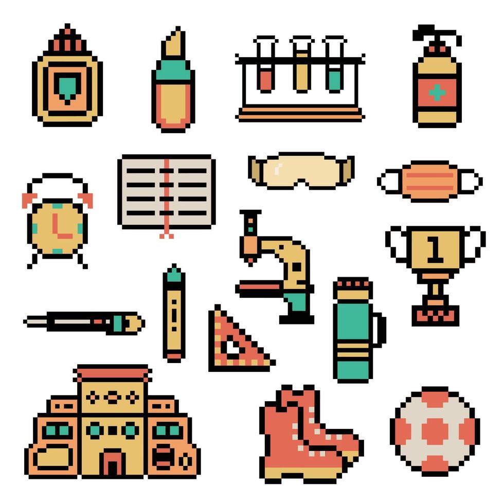 pixel art objects set school vector